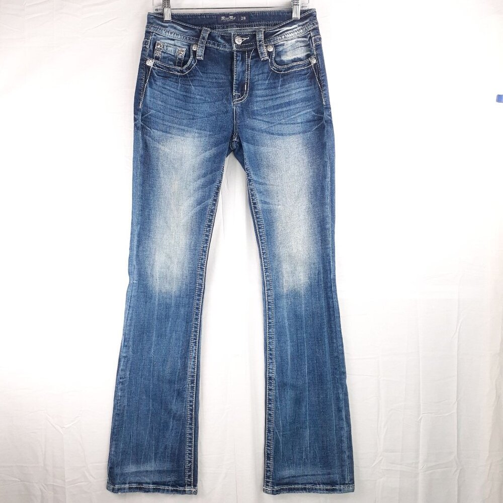 Miss Me Womens Mid-Rise Boot Cut Jeans Size 28 Blue Denim